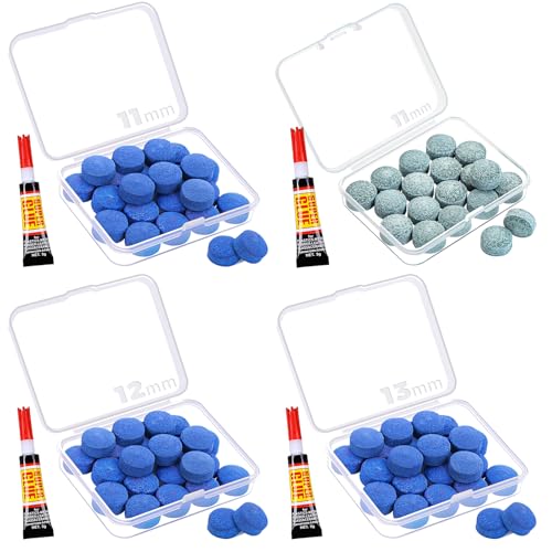 [4Packs] 11+11+12+13mm Billiard Cue Tips, Pool Stick Tips Replacement Repair Kit with Storage Box and Glue for Billiard Pool Table Cues Head and Snooker Stick Blue - SOLROS