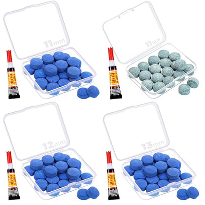 [4Packs] 11+11+12+13mm Billiard Cue Tips, Pool Stick Tips Replacement Repair Kit with Storage Box and Glue for Billiard Pool Table Cues Head and Snooker Stick Blue - SOLROS