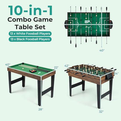 Goplus 10-in-1 Combination Multi Game Table Set, Adult Size Combo Game Table W/Foosball, Table Tennis, Pool, Air Hockey Table, Bowling, Chess, Checkers, Backgammon for Game Night - color: Brown