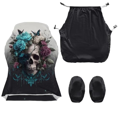 4 Pieces Gaming Chair Slip Cover Set Skull Rose Butterfly Print Game Chair Cover with Armrest Covers, Universal Fit, Machine Washable - color: Black - Skull Rose Butterfly