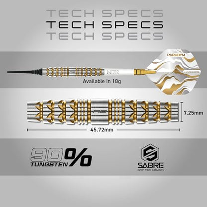 RED DRAGON Darts - Paradym Gold Series - 18g Barrel/ 20g Full Weight - Professional Soft Tip Darts Set - 90% Tungsten Torpedo Barrel - Includes Dart Flights & Stems - Professional Dart Set