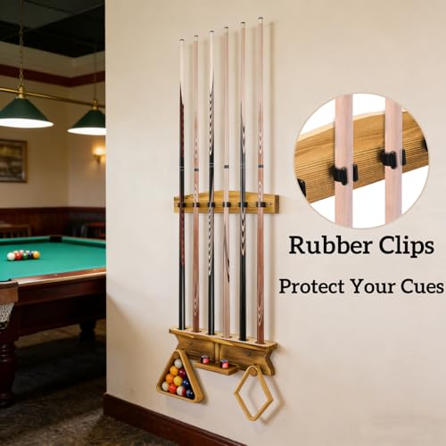 Pumtus Wall Mount Pool Stick Holder, Wood Billiard Cue Rack for 6 Cues Storage & 2 Ball Racks, Sturdy Hanging Pool Cue Rack, Pool Table Accessories Equipment Organizer for Game Room, Bar
