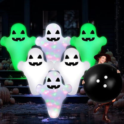 WinnerWhy 7 Pcs LED Giant Halloween Inflatable Ghost Bowling Set Light up Game 6 Pcs 27" Ghost Bowling Pins and 1 Pcs 24" Ball for Adult Halloween Outdoor Indoor Party
