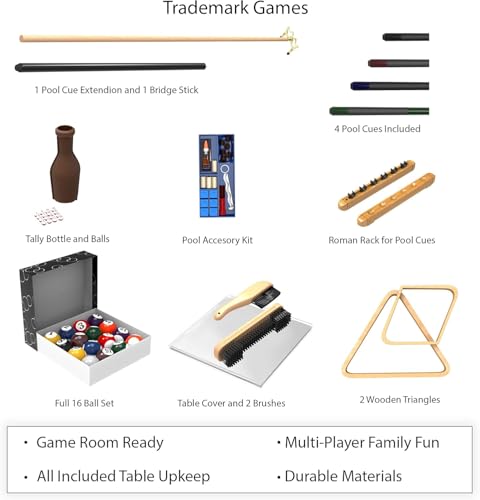 GSE Games & Sports Expert Billiard Table Accessory Kit with Billiards Pool Balls Set, 4 Cue Sticks and Bridge, Ball Racks, Cue Rack, Stick Repair, 2 Brushes, Table Cover, Chalk Holders, Tally Bottle
