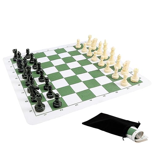 Portable Chess & Checkers Set, 42cm Tournament Chess Mat with Chesses & Storage Bag, PU Leather Tournament Roll Up Chessboard Travel Sets(Color:Green)
