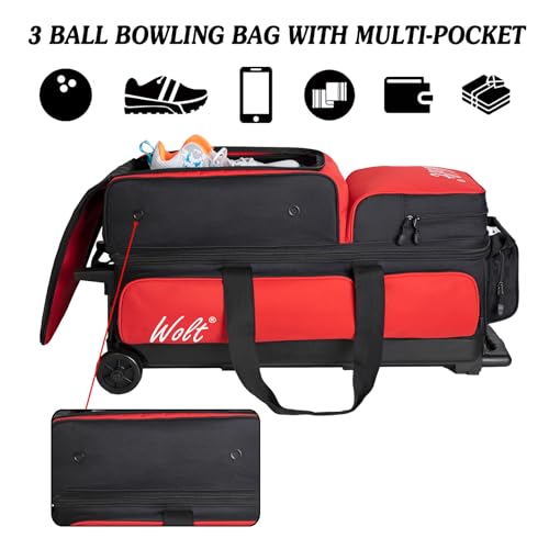 WOLT 3 Ball Bowling Bags with Wheels,Bowling Ball Bag 3 Ball Roller with Separate Shoe Compartment and Accessory Pocket, Retractable Handle Extends to 38’’ - color: red