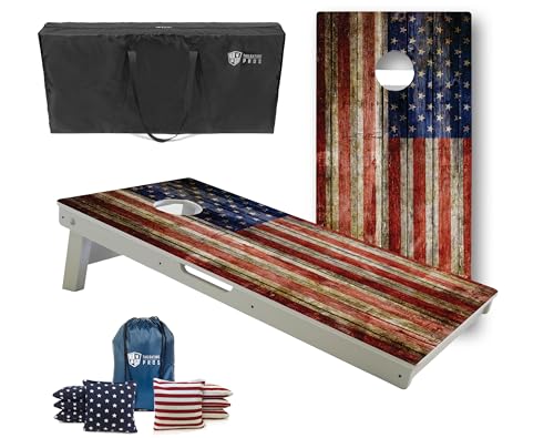Tailgating Pros All-Weather Cornhole Boards - 4'x2' Weather Resistant Cornhole Set- Carrying Case & Set of 8 Corn Hole Bean Bags w/Tote Included - color: Rustic American Flag