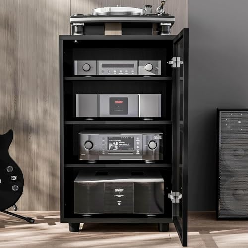 Media Storage Cabinet with Tempered Glass Door, 3 Adjustable Shelves Stereo Cabinet with Cable Management, AV Rack for Living Room/Gaming Setup/Home Studio Audio Rack (Black)