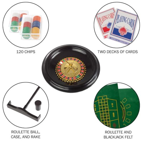 Roulette Wheel Set – 16-Inch Gambling Wheel with Reversible Roulette and Black Jack Table Cotton, Chips, 2 Decks of Cards, and More by Trademark Poker