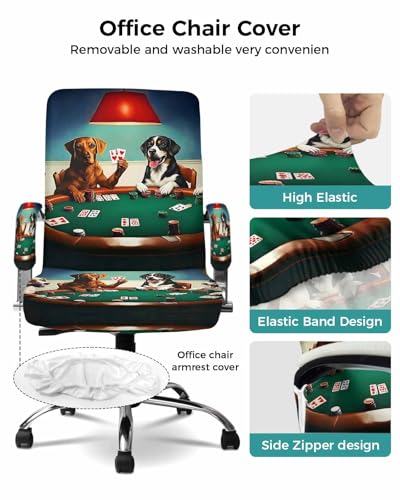 Abstract Animal Office Chair Cover with Armrest Covers, Dog in The Room Playing Poker Games Universal Stretch Desk Rotating Chair Slipcovers, Removable Seat Protector with Zipper, L - color: Dark Green Brown, size: Large & 2PCS Armrest Covers