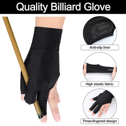 Civaner 8 Pcs Billiard Pool Glove Left Hand 3-Finger Snooker Cue Sport Glove Smooth Stroke Snooker Carom Accessories Anti-Slip Cue Gloves for Men Women - color: Black