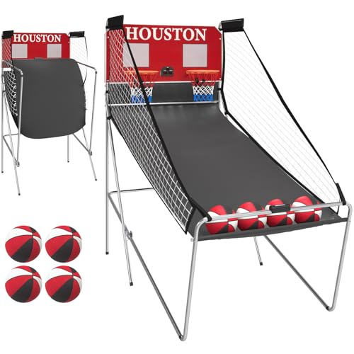 Basketball Arcade Game Indoor, Dual Shot Electronic Basketball with 8 Play Modes, LCD Score Display, and 4 Rubber Balls, Indoor Basketball Arcade Game for Home, Red - color: Red