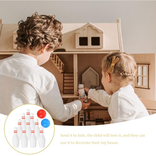 Toyvian Mini Bowling Model Toy Set 20 Mini Pins and 4 Balls Dollhouse Accessories for House Decoration Realistic Scene Display Kids Play Prop