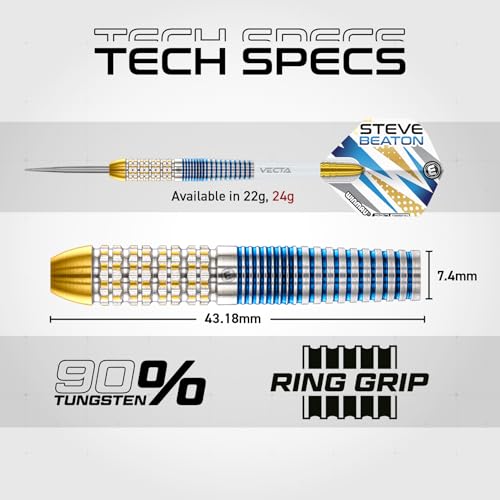 Winmau Steve Beaton Legacy Edition Darts Set - 90% Tungsten Professional Darts with Flights & Shafts (Stems) - Available in Soft Tip 18g and Steel Tip 22g & 24g - style: 24g - Steel Tip