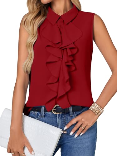 Vrtige Women's Summer Tank Top Button Down Ruffle Front Collar Neck Sleeveless Blouse Shirt Top - color: Wine Red, size: Large