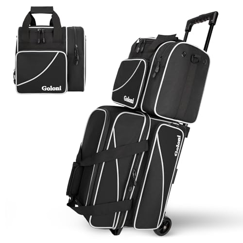 Goloni 3 Ball Bowling Bag with Wheels, 2+1 Double Roller Bowling Bag with Shoe Compartment,Tote Bag for Bowling Accessories - color: 3 Ball-Black