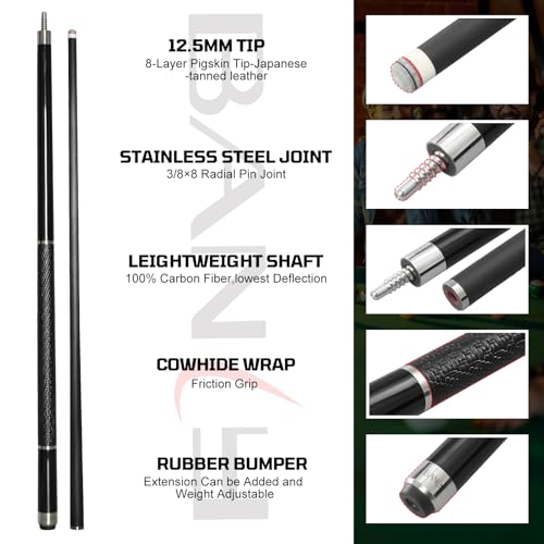 Banly Carbon Fiber Pool Cue Stick - Billiard Pool Stick for Adults, Low Deflection Pool Stick with Metal Ring Professional Cue Stick with Box Case - color: Black
