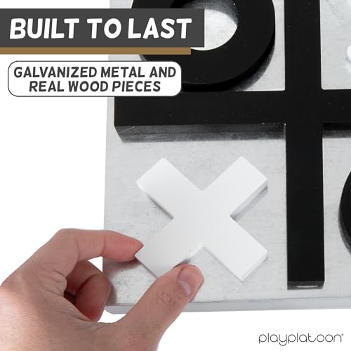 Play Platoon Magnetic Tic Tac Toe Game - Large Metal and Wooden Wall Mounted Board Games - 13.5 Inch Table Top or Wall Mounted Farmhouse Rustic for Game Room - Black & White - color: Black & White