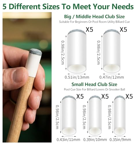 25Pcs Pool Cue Tips, 5 Sizes Billiard Cue Tips (9mm/10mm/11mm/12mm/13mm) Replacement Kit, Slip-on Design for Quick Installation, Durable Pool Table Accessories (5Pcs per Size)