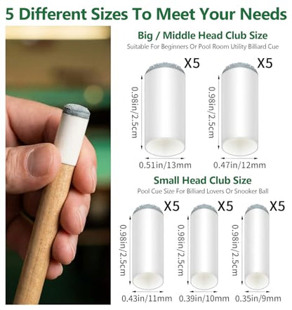25Pcs Pool Cue Tips, 5 Sizes Billiard Cue Tips (9mm/10mm/11mm/12mm/13mm) Replacement Kit, Slip-on Design for Quick Installation, Durable Pool Table Accessories (5Pcs per Size)