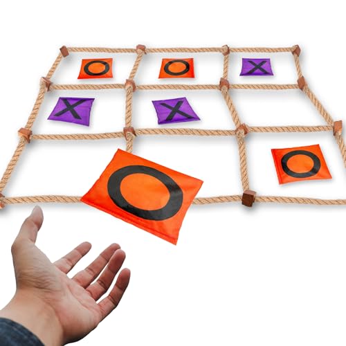 Gamie Giant Tic Tac Toe Game Outdoor - 3 x 3 Feet - Includes Rope Grid, 10 Bean Bag Play Pieces, and 1 Drawstring Carry Bag - Large Yard Games - Outdoor Game for Patio, Picnic, Camping