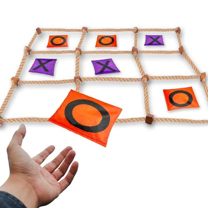 Gamie Giant Tic Tac Toe Game Outdoor - 3 x 3 Feet - Includes Rope Grid, 10 Bean Bag Play Pieces, and 1 Drawstring Carry Bag - Large Yard Games - Outdoor Game for Patio, Picnic, Camping