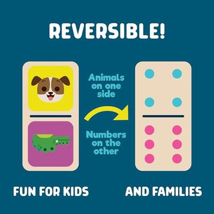 Chuckle & Roar Wooden Double-Sided Domino Set - 28 Piece, Metal Storage Tin, Ages 4 & Up - Animal Matching Board Games for Family Play - Classic Games - Dominoes for Kids & Adults