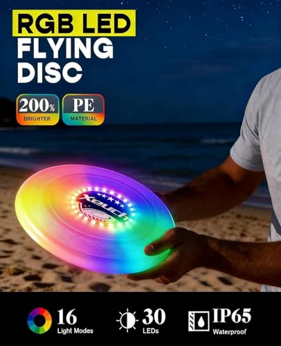 Xeuch Light Up Flying Disc, 175g, 16 Lighting Modes, 4 Brightness, 600mAh Rechargeable Battery, Built-in Timer and Sensor for Beach Camping Outdoor Games, Gift for Teens/Adults