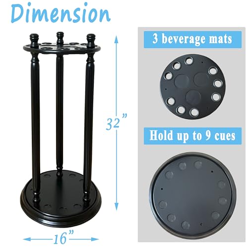 Revolving Billiard Cue Rack, Pool Stick Holder Floor Stand holds 9 Pool Table Sticks, Made of 100% Solid Wood (Black) - color: Black