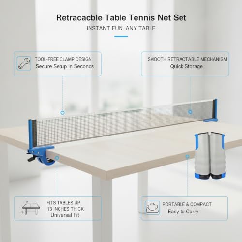 Retractable Table Tennis Net Set, Clamp-On Ping Pong Net for Standard Tables, Portable Polyester Mesh with Quick Setup - color: Gray