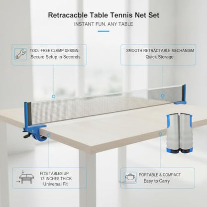 Retractable Table Tennis Net Set, Clamp-On Ping Pong Net for Standard Tables, Portable Polyester Mesh with Quick Setup - color: Gray