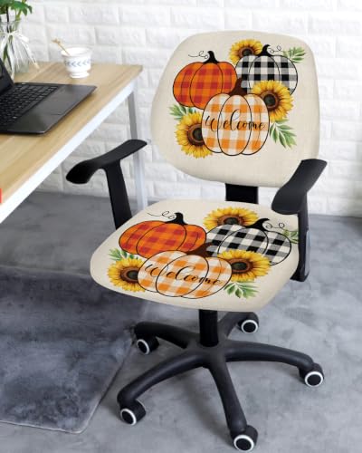 Savannan Office Chair Cover, Thanksgiving White Yellow Plaid Pumpkin Protective Stretch Elastic Universal Cover for Desk Task Chair,Computer Rotating Chair 1 Pcs Plant on Linen