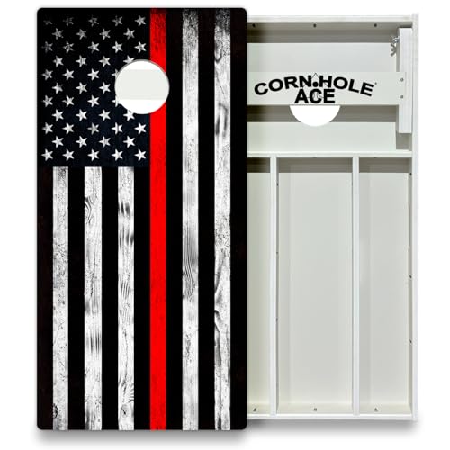 CornholeAce American Flag Series All Weather Pro Cornhole Board Set - Waterproof 4x2 Regulation Size, Made in USA, Triple Wide Legs, 3/4" PVC, Tournament Boards, Rainproof Outdoor Set (2 Boards) - color: Thin Red Line Firefighter Flag
