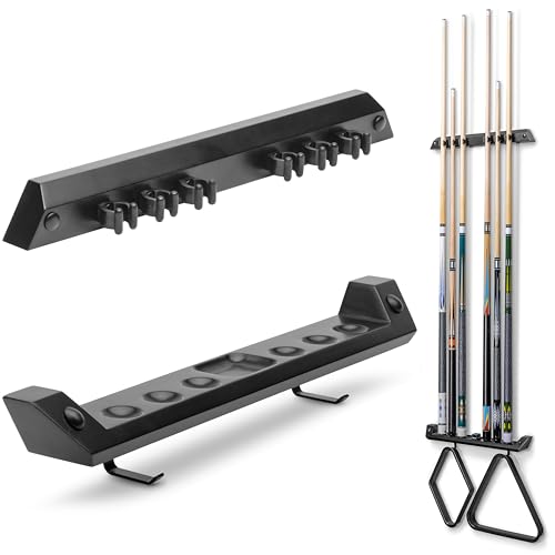 GoSports Wall Mounted Pool Cue Stick Holder - Holds 6 Billiards Cues and 2 Triangle Racks - Black - style: Black