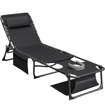 Flamaker Face Down Chaise Lounge Chair 5-Position Adjustable Sunbathing, Foldable Tanning Chair with Face& Arm Holes, Outdoor Recliner Chair for Pool, Beach, Patio, Lawn (Black, 1 Pcs) - color: Black, style: Sauna, 1 Pcs