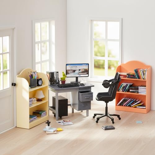 1:12 Scale Doll House Mini Computer Office Desk Furniture Accessories Set | Accessories for dollhouse: storage cabinets, books, desk lamps, eyeglasses, headsets, cell phones and game controllers