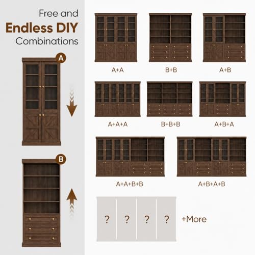 Vyre 71" Tall Farmhouse Bookshelves with Glass Doors and Drawers, Set of 2 – Large Modular Bookcase with Adjustable Shelves, Storage Cabinet for Living Room, Kitchen, Dark Brown - color: Dark Brown