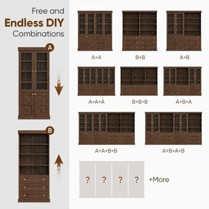 Vyre 71" Tall Farmhouse Bookshelves with Glass Doors and Drawers, Set of 2 – Large Modular Bookcase with Adjustable Shelves, Storage Cabinet for Living Room, Kitchen, Dark Brown - color: Dark Brown