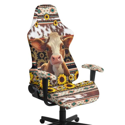 Suobstales Cow Sunflower Aztec American Tribal Pattern Gaming Chair Covers with Armrest Covers, Elastic Computer Chair Slipcovers Stretchable Washable Gaming Chair Seat Cover - color: Cow Sunflower Aztec American Tribal