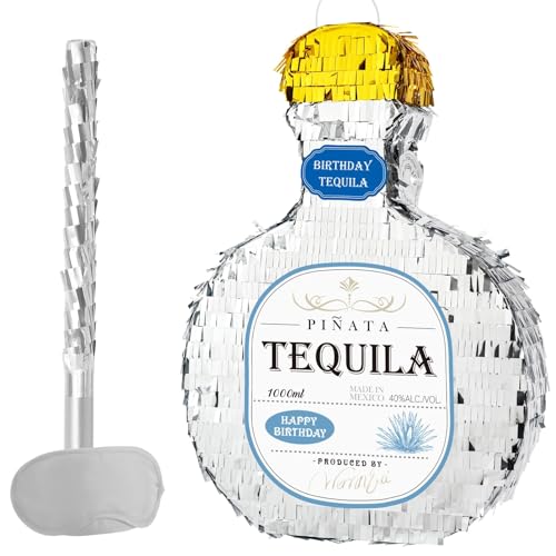 WERNNSAI Tequila Bottle Piñata - Disco Party Decorations for Adults Silver Patron Tequila Piñata with Blindfold for Bachelor Birthday Party Supplies 11.7” x 16.5” - style: Tequila