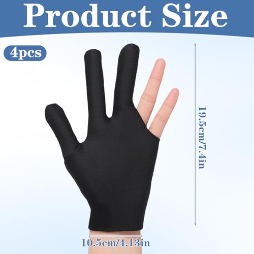 4 Pcs Billiard Pool Gloves, 3 Fingers Billiards Glove, Pool Glove Left Hand, Breathable Elastic Universal Cue Sports Gloves for Women or Men Left and Right Hand