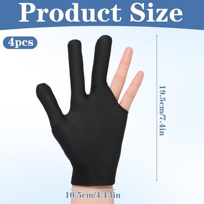 4 Pcs Billiard Pool Gloves, 3 Fingers Billiards Glove, Pool Glove Left Hand, Breathable Elastic Universal Cue Sports Gloves for Women or Men Left and Right Hand