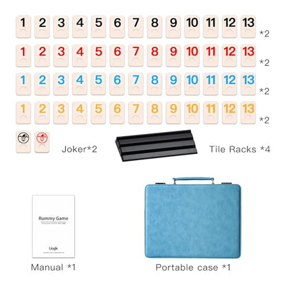 Rummy Game Set, 2-4 Players with 106 Rummy Tiles and 4 Racks, Rummy Travel Game Set with Faux Leather Case, Fun Family Classic Board Games (Blue) - color: Blue