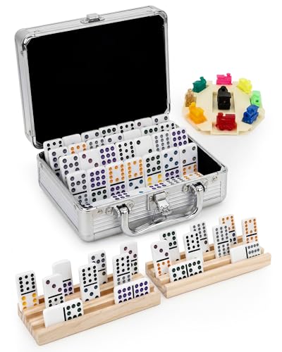 Mexican Train Dominoes Set Double 12-91 Colored Dot Tiles with 4 Wooden Racks, Heavy-Duty Aluminum Case, 9 Trains, Hub & Score Pad - Family Game Night Gift for Adults, Seniors & Kids
