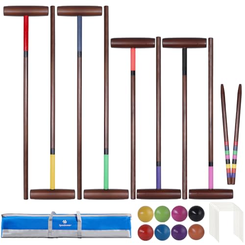 SpeedArmis 8 Players Croquet Set with 32In Regulation | 28In Standard Size Rubber Wood Mallets, Colored PE Ball, Wickets, 21In End Stakes and Bag - Lawn Backyard Game for Teens/Adults/Family - color: Vintage Color