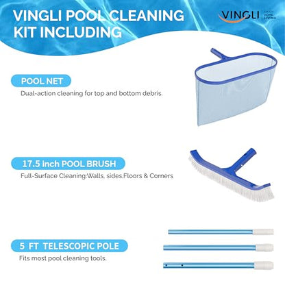 VINGLI Pool Cleaning Kit, 3-in-1 Pools Maintenance Tools with Pool Brush, 5 FT Telescopic Pole, Pool Net, Pool Cleaning Tools for Ground&Inground Pools (Style 4 : 3 in 1) - size: Style 4 : 3 in 1