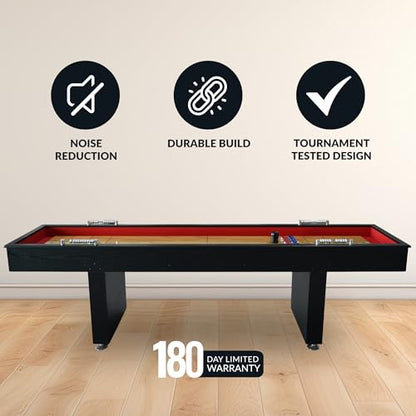 Hathaway Avenger 9 Ft Shuffleboard Table for Family Game Room – Poly-Coated Playfield, Built-in Scorer & Cabinet, Carpeted Gutters, 8 Pucks, Brush & Wax – Black Finish