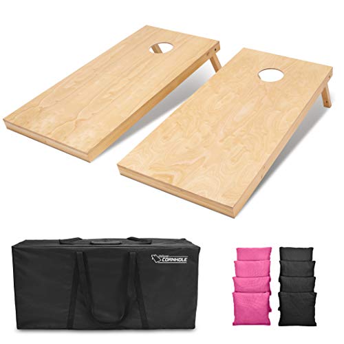 GoSports Regulation Size Wooden Cornhole Set with Natural Wood Finish - Includes Carrying Case - color: Black & Pink