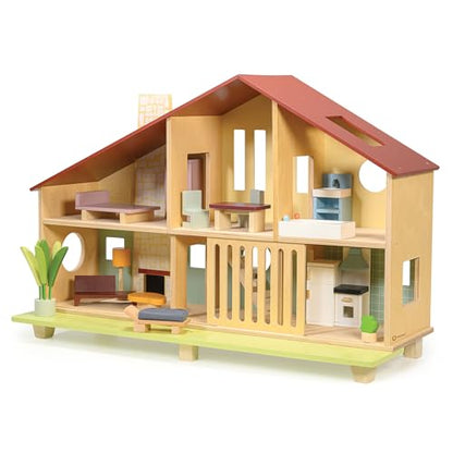 Mentari Toys - Cedar Chalet - Mid-Century Modern Dollhouse for Kids - Fully Furnished, Sustainable Rubberwood, Educational Toy for Toddlers & Preschoolers Age 3+