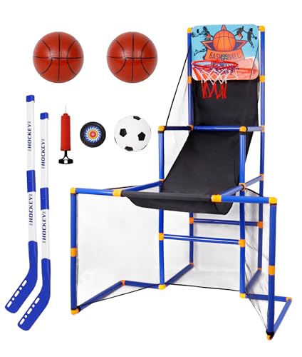 Surpop Kids Basketball Hoop Arcade Game with 4 Balls and Infrared Scoring Indicator, Basketball Football Hockey 3-in-1 - Toy Sports Game for Kids 3+